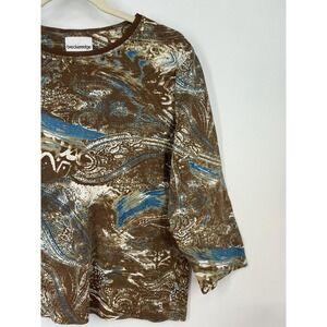 Breckenridge Brown Blue Boho Paisley Print 3/4 Sleeve Top Embellished Neckline M
